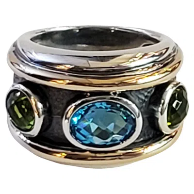 Pre-owned David Yurman Renaissance Blue Topaz & Peridot Sterling Silver And Gold Band Ring