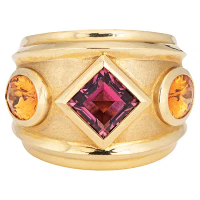 Pre-owned David Yurman Renaissance Ring 18k Gold Citrine Rhodalite Garnet Sz 6.5 Wide Band In Multi