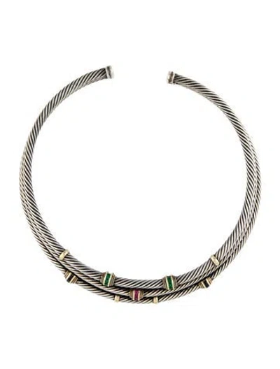 Pre-owned David Yurman Ruby, Emerald & Sapphire 3-row Cable Collar Necklace, 14.5" In Multi