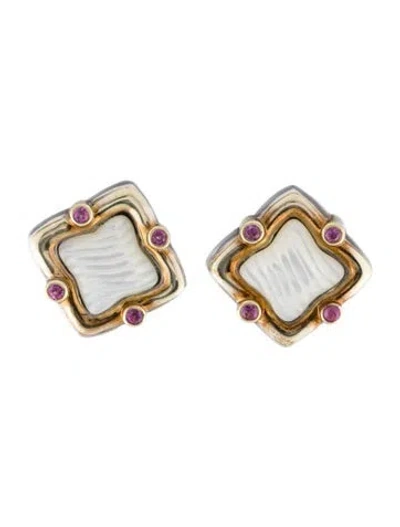 Pre-owned David Yurman Sculpted Mother Of Pearl & Pink Sapphire Quatrefoil Earrings In Multi