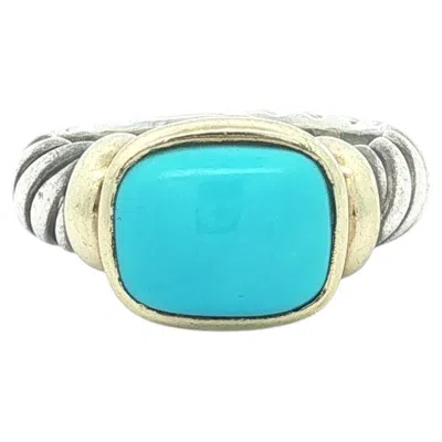 Pre-owned David Yurman Silver & 14k Gold Cushion Turquoise Classic Cable Ring In Multi