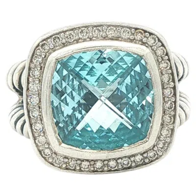 Pre-owned David Yurman Silver Cushion Checkerboard Blue Topaz W/ Diamond Halo Albion Ring
