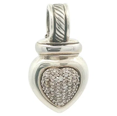 Pre-owned David Yurman Silver W/ 18k White Gold Pave Diamond Heart Enhancer Slide Pendant