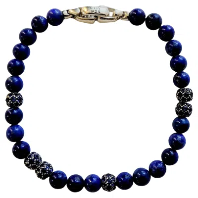 Pre-owned David Yurman Spiritual Beads Bracelet Sterling Silver With Lapis And Pave Sapphires, 6mm In Multi