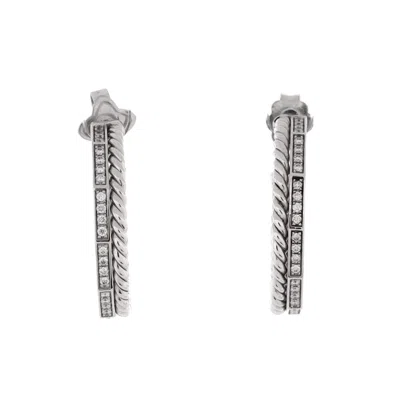 David Yurman Stax Hoop Earrings 18k White Gold With Diamonds 25mm In Silver