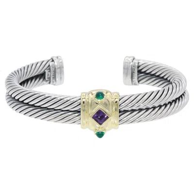 Pre-owned David Yurman Sterling Silver 14k Gold Amethyst Green Onyx Cable Cuff Bracelet In Purple
