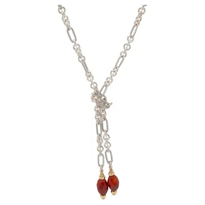 Pre-owned David Yurman Sterling Silver 18k Gold Carnelian Cable Link Lariat Chain Necklace In Multi