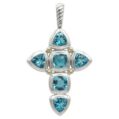 Pre-owned David Yurman Sterling Silver 18k Yellow Gold Blue Topaz Cross Pendant