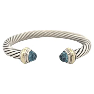 Pre-owned David Yurman Sterling Silver & 14k  Cable Cuff Bracelet With Blue Topaz