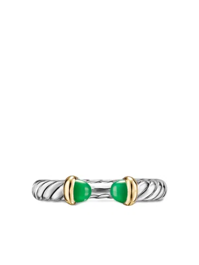 David Yurman Sterling Silver And 14k Yellow Gold Petite Cable Onyx Ring In Metallic