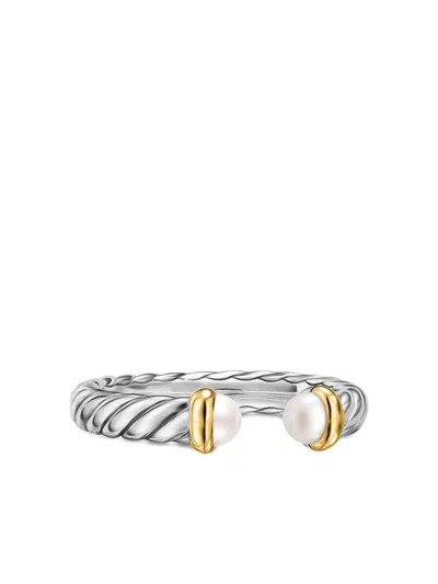 David Yurman Sterling Silver And 14k Yellow Gold Petite Cable Pearl Ring