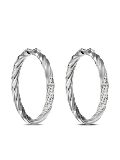 David Yurman Cable Edge Hoop Earrings With Diamonds In Silver, 4mm, 1.5"l In Sil-rec