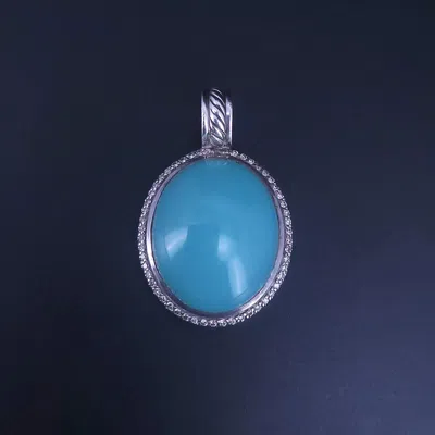 Pre-owned David Yurman Sterling Silver Oval Aqua Chalcedony Diamond Pendant In Multi