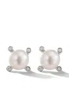David Yurman Sterling Silver Cable Collectibles Pearl Diamond Stud Earrings In Silver