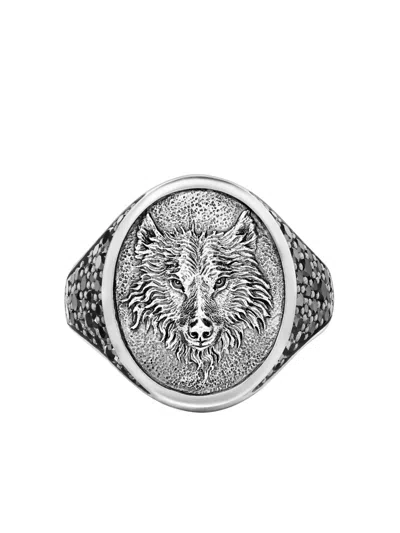 David Yurman Sterling Silver Wolf Diamond Signet Ring