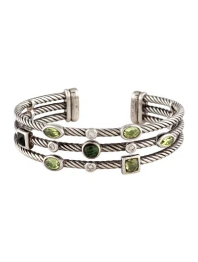 Pre-owned David Yurman Tourmaline, Peridot & Diamond 3 Row Confetti Cuff Bracelet, 6.25" In Multicolor