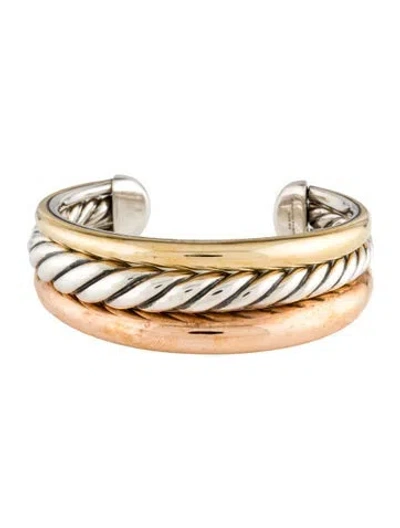 Pre-owned David Yurman Tri-color Pure Form Three Row Cuff Bracelet, 6.25" In Multi