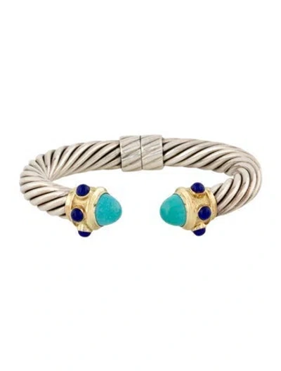 Pre-owned David Yurman Turquoise & Lapis Lazuli Renaissance Hinge Cuff Bracelet, 6.75" In Multi