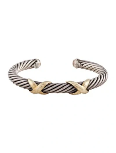 Pre-owned David Yurman Two-tone Cable Classic Double X 7mm Cuff Bracelet, 6.75" In Multicolor