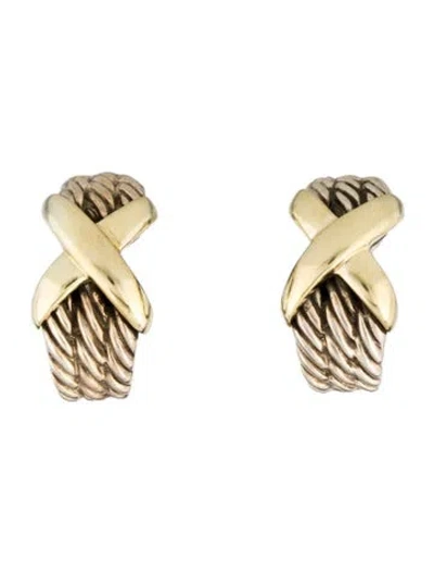 Pre-owned David Yurman Two-tone Cable X Hoop Earclip Earrings In Multicolor