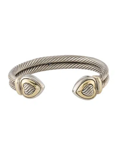 Pre-owned David Yurman Two-tone Double Cable Heart Cuff, 6.75" In Multi