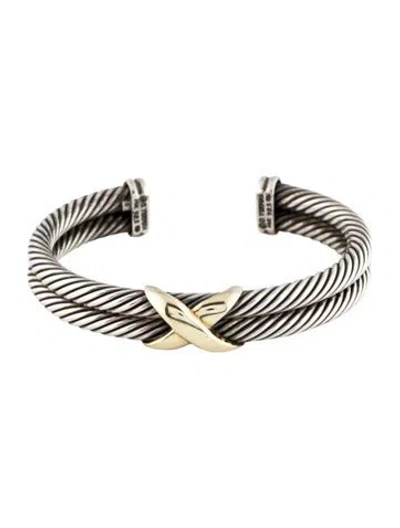 Pre-owned David Yurman Two-tone Double Cable X Bracelet, 6.25" In Multi