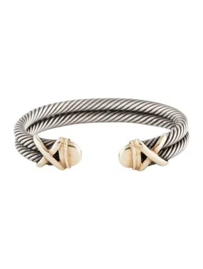 Pre-owned David Yurman Two-tone Double Cable 'x' Cuff Bracelet, 6.75" In Multicolor