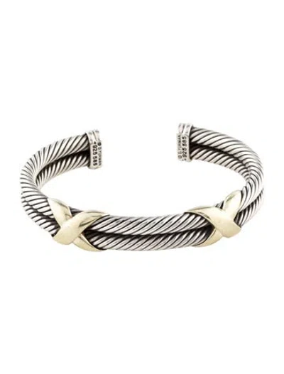 Pre-owned David Yurman Two-tone Double X Cable Cuff Bracelet, 6.5" In Multi