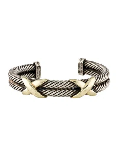 Pre-owned David Yurman Two-tone Double X Station Cuff Bracelet, 7" In Multi