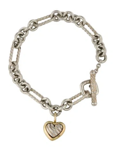 Pre-owned David Yurman Two-tone Figaro Heart Charm Bracelet, 6.5" In Multi