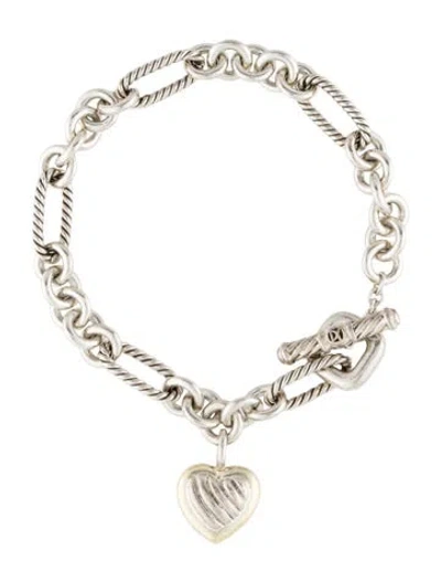 Pre-owned David Yurman Two-tone Figaro Heart Charm Bracelet, 7" In Multi