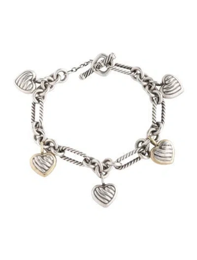 Pre-owned David Yurman Two-tone Figaro Hearts Charm Bracelet, 7" In Multicolor