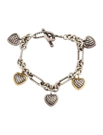 Pre-owned David Yurman Two-tone Heart Cable Charm Bracelet, 7" In Multicolor