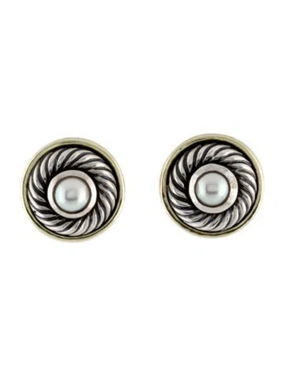 Pre-owned David Yurman Two-tone Pearl Cable Cookie Stud Earclip Earrings In Multi