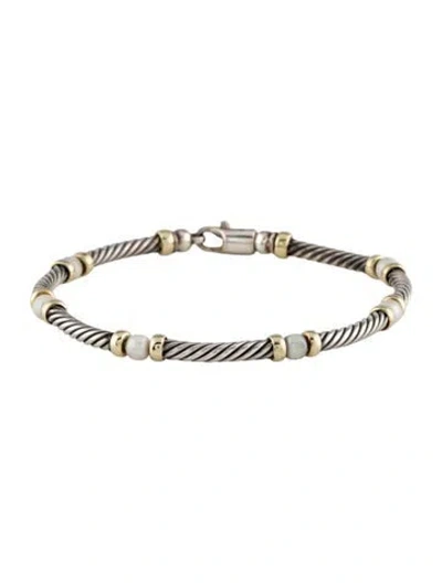 Pre-owned David Yurman Two-tone Pearl Station Cable Bracelet, 6.75" In Multi