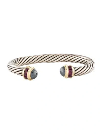 Pre-owned David Yurman Two-tone Rhodolite & Hematine Cable Cuff Bracelet, 6.5" In Multi