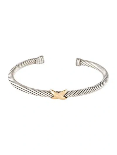 Pre-owned David Yurman Two-tone X Classic Cable Station Bracelet, 6" In Multicolor
