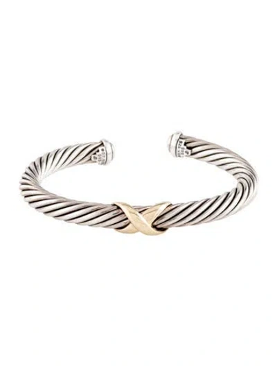 Pre-owned David Yurman Two-tone X Classic Cable Station Bracelet, 6.5" In Multicolor