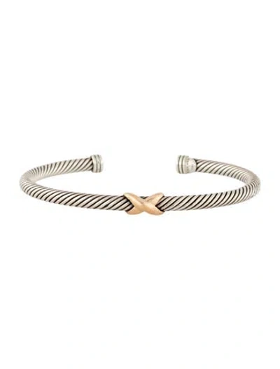 Pre-owned David Yurman Two-tone X Classic Cable Station Bracelet In Multicolor