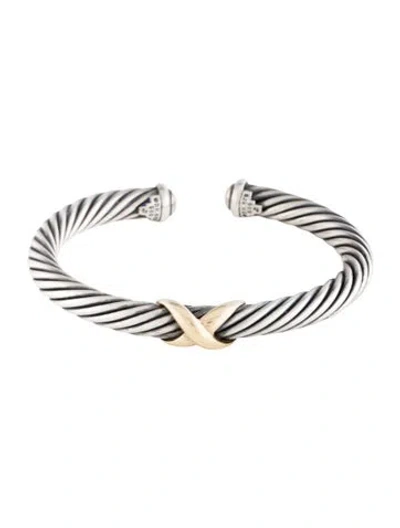 Pre-owned David Yurman Two-tone X Classic Cable Station Cuff Bracelet, 7" In Multicolor