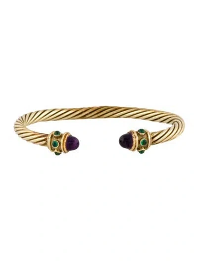 Pre-owned David Yurman Vintage 14k Amethyst & Emerald Cable Cuff Bracelet, 6.5" In Multi