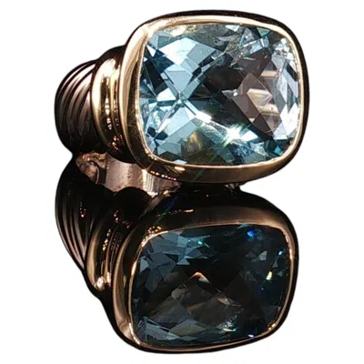 Pre-owned David Yurman Vintage  14k Gold Silver Blue Topaz Checkerboard Ring Cable Size 3.5