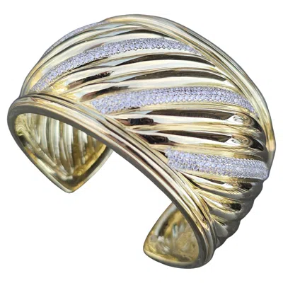 Pre-owned David Yurman Vintage  Solid 112g 18k Gold 4 Row Diamond Carved Cuff Bracelet In Multi