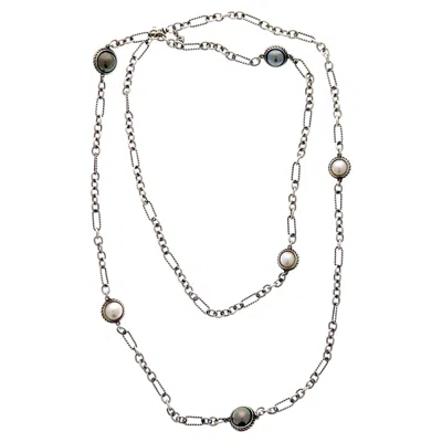 Pre-owned David Yurman White And Grey Pearl Sterling Silver Chain Station Necklace