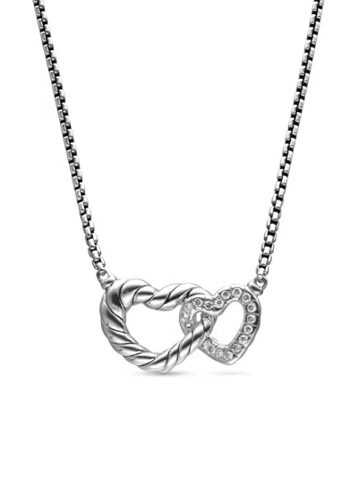 David Yurman Women's Cable Collectibles Double Heart Necklace With Diamonds In Metallic