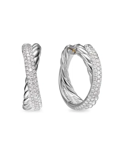 David Yurman Women's Crossover Hoop Earrings In Sterling Silver With Diamonds, 22.4mm In Gray