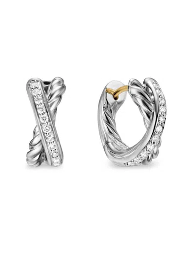 David Yurman Women's Crossover Huggie Hoop Earrings In Sterling Silver With Diamonds, 12.4mm In Gold