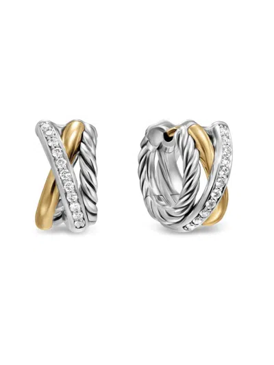 David Yurman Women's Crossover Three Row Huggie Hoop Earrings In Sterling Silver With 18k Yellow Gold, 13mm In Metallic