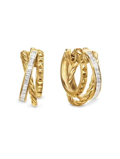 David Yurman Women's Crossover Trio Multi Row Hoop Earrings In 18k Yellow Gold With Diamonds, 18mm In Blue