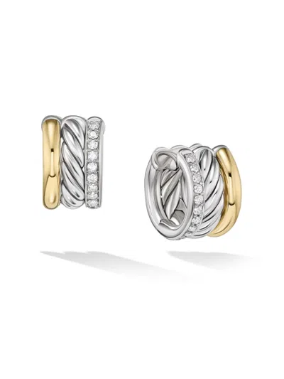 David Yurman Women's Dy Mercer Huggie Hoop Earrings In Sterling Silver With 18k Yellow Gold And Diamonds, 14mm